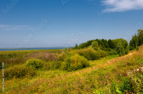 Summer landscape. River in the European part of the world. Sunny warm day. Green trees  grass. Blue sky with a small cloud cover.