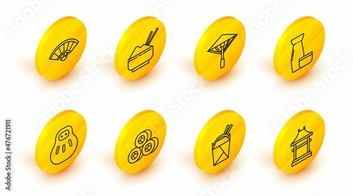 Set line Japan Gate, Sushi, Maneki neko cat, Traditional Japanese tea ceremony, umbrella from the sun, Rice bowl with and Paper chinese or japanese folding fan icon. Vector