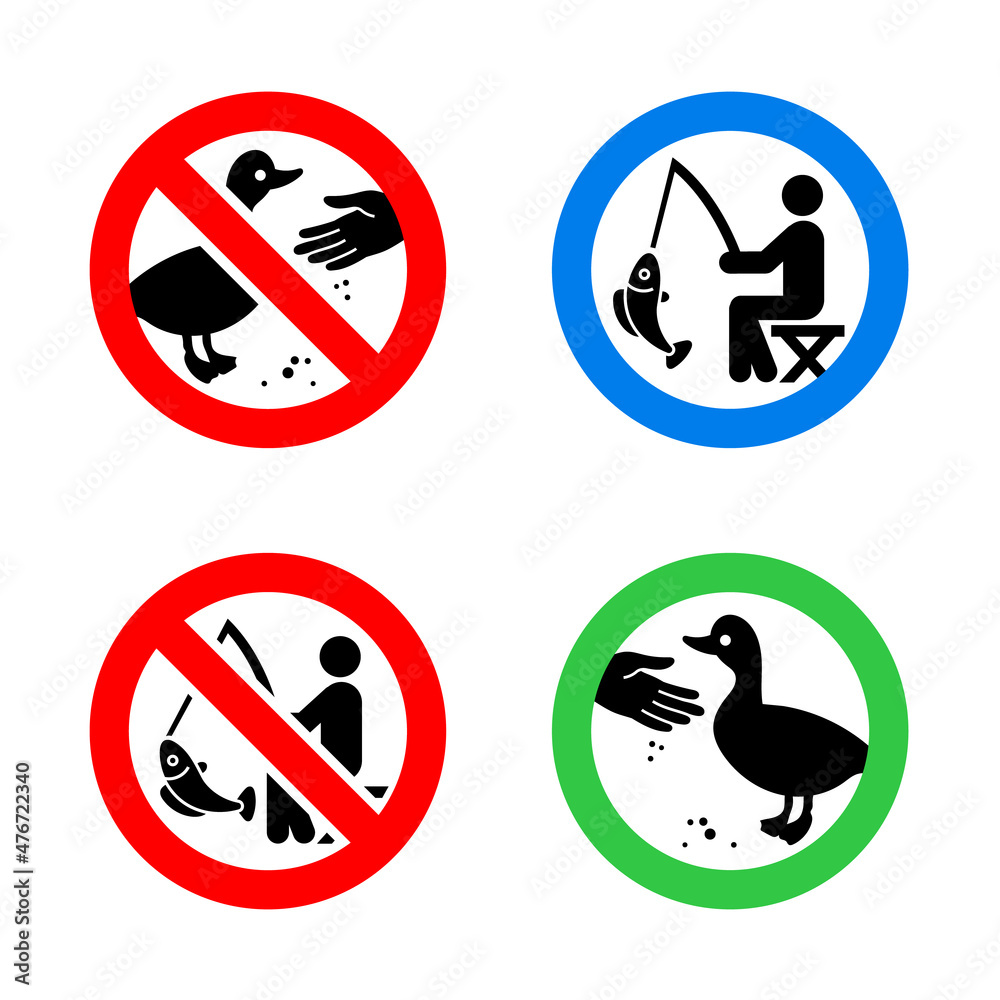 Do not feed birds and No fishing forbidden signs Do not feed birds and No fishing forbidden signs