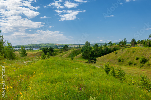 Summer landscape, river floodplain, picturesque shores, bright green grass with wild wildflowers, blue sky with white clouds, summer tender warm days, © Татьяна Мищенко