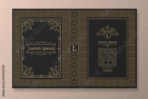 Vintage medieval book cover. Opened folio with decorative tracery and ornaments antique design embellished with golden abstract floral vector twists.