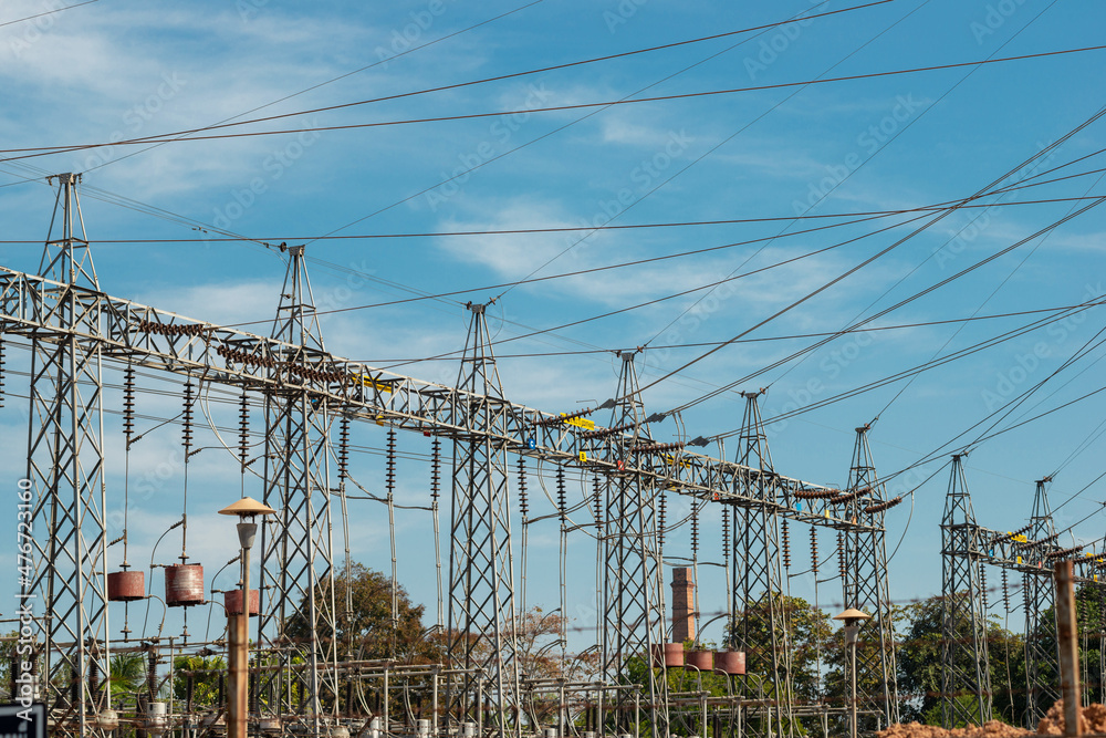 High and medium voltage switchgear in power substation, High voltage circuit breakers and insulated switchgear on electrical substation