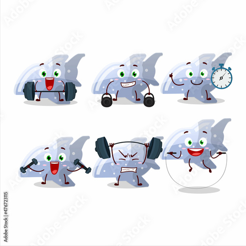 A healthy plane blue gummy candy cartoon style trying some tools on Fitness center