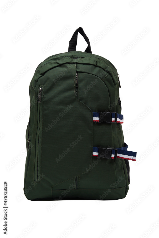 Fototapeta premium Green color backpack for travel and outdoor activities on isolated white background 