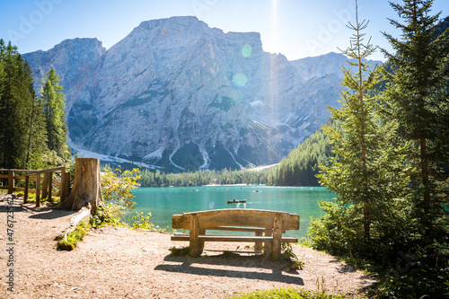 bench at pragser wildsee in the forest of the dolomites mountains on a sunny day photo
