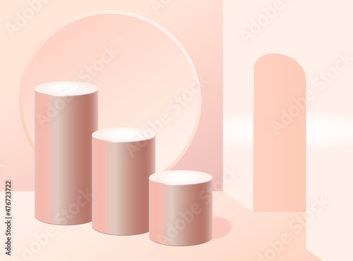 Podium. Three pedestals against the background of a circle and an arch. Pastel shades. Abstract background. 3D visualization