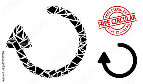 Simple geometric rotate right arrow mosaic and Free Circular corroded stamp imitation. Red stamp contains Free Circular title inside round and lines template.