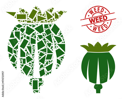 Simple geometric opium poppy head mosaic and Weed corroded seal. Red stamp seal includes WEED text inside round and lines form.