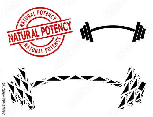 Simple geometric heavy barbell mosaic and Natural Potency scratched stamp imitation. Red stamp includes Natural Potency tag inside round and lines shape.