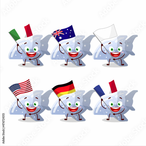 Plane blue gummy candy cartoon character bring the flags of various countries