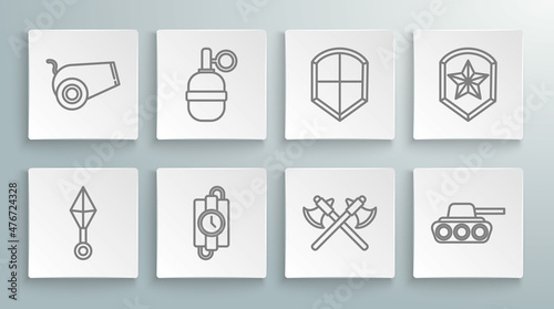 Set line Japanese ninja shuriken, Hand grenade, dynamite stick timer clock, Crossed medieval axes, Military tank, Shield, Police badge and Cannon icon. Vector