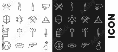 Set line Bomb ready to explode, Medieval sword, Japanese ninja shuriken, Bullet, Police badge, Shield, Crossed medieval axes and icon. Vector