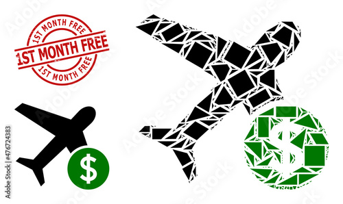 Simple geometric airflight price mosaic and 1ST MONTH FREE scratched stamp seal. Red stamp seal has 1ST MONTH FREE title inside circle and lines form.