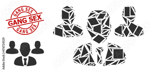 Simple geometric team staff mosaic and Gang Sex dirty seal. Red stamp seal includes Gang Sex caption inside round and lines shape. Vector team staff icon collage combined with random triangles,