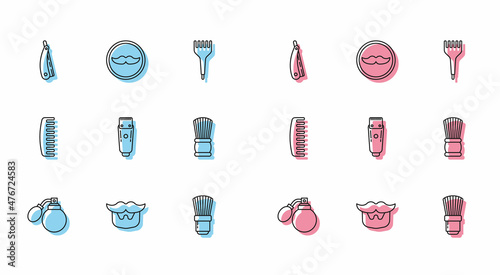 Set line Aftershave bottle with atomizer, Mustache and beard, Straight razor, Shaving brush, Electrical hair clipper shaver, Hairbrush and icon. Vector