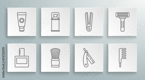 Set line Aftershave, Shaving gel foam, brush, Straight razor, Hairbrush, Curling iron for hair, and Cream lotion cosmetic tube icon. Vector