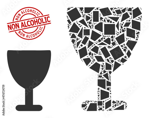 Simple geometric wine glass mosaic and Non Alcoholic rubber stamp. Red stamp includes Non Alcoholic tag inside round and lines form. Vector wine glass icon collage is combined of randomized triangles,