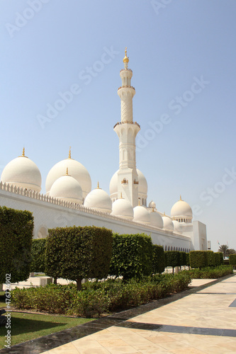Mosque with white domes. Architectural landmark. Sheik Zayed Mosque