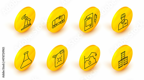 Set line Barrel oil, Drop in crude price, Canister for motor, Oil petrol test tube, Oilman, Contract money and pen, railway cistern and pump pump jack icon. Vector