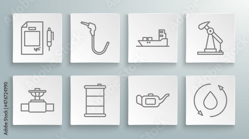 Set line Industry pipe and valve, Gasoline pump nozzle, Barrel oil, Canister for motor, Oil drop, tanker ship, jack and Contract money pen icon. Vector