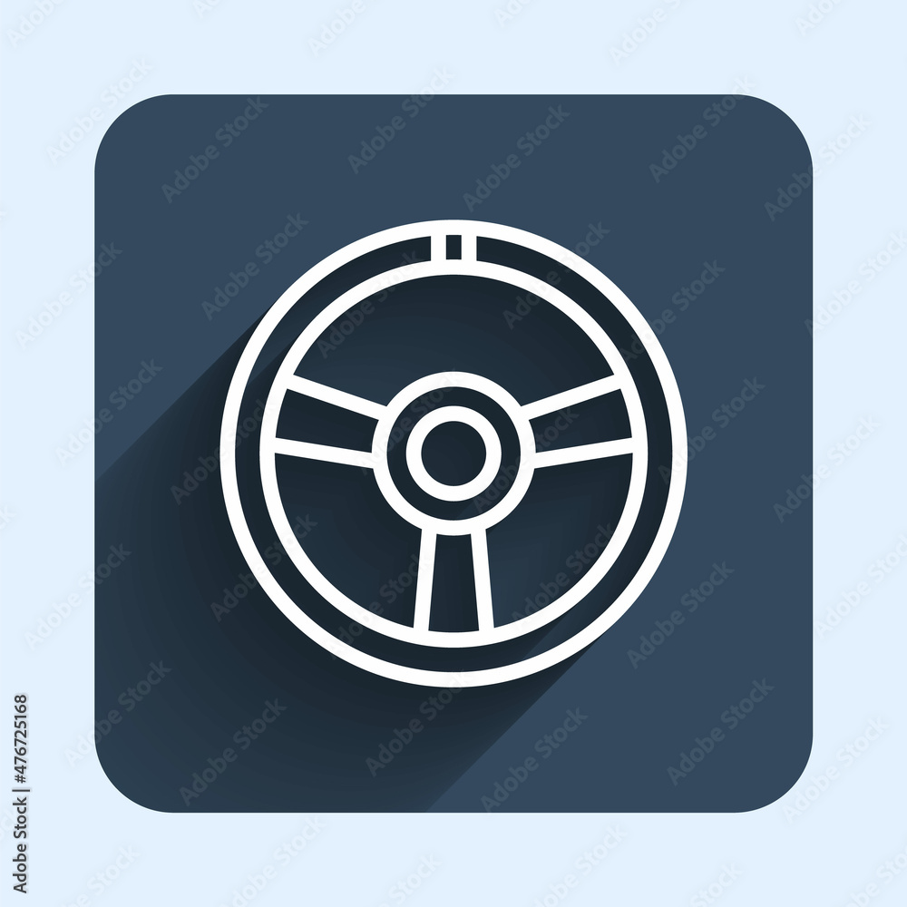 White line Racing steering wheel icon isolated with long shadow background. Car wheel icon. Blue square button. Vector White line Racing steering wheel icon isolated with long shadow background. Car wheel icon. Blue square button. Vector