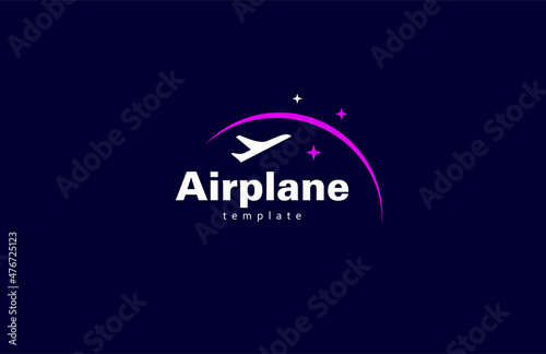 Airplane logo horizon and stars. Icon plane silhouette and curved