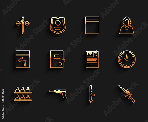 Set line Jurors, Pistol gun with silencer, Scales of justice, Police rubber baton, Sniper rifle scope, Lawsuit paper, Clock and icon. Vector