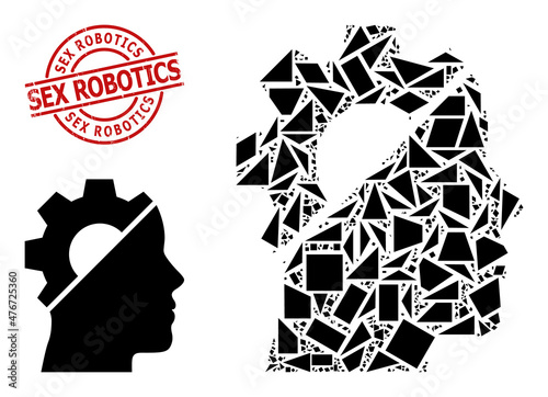 Simple geometric cyborg gear mosaic and Sex Robotics textured seal. Red stamp seal includes Sex Robotics caption inside circle and lines shape.