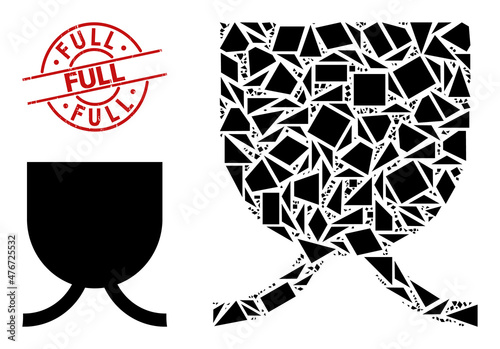 Simple geometric full mug mosaic and FULL scratched stamp imitation. Red stamp contains FULL text inside round and lines template. Vector full mug icon collage combined from randomized triangles,