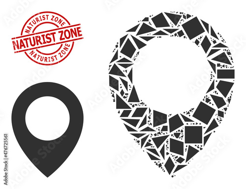 Simple geometric map pointer mosaic and NATURIST ZONE corroded stamp print. Red stamp contains Naturist Zone title inside circle and lines form.