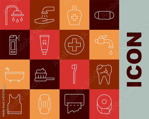 Set line Toilet paper roll, Broken tooth, Water tap, Bottle of liquid antibacterial soap, Tube toothpaste, with nozzle spray, Shower head and Cross hospital medical icon. Vector