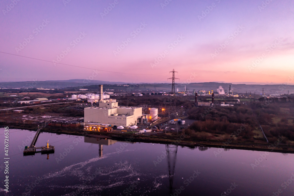 Power station producing energy on the banks of the River Foyle near Derry, Northern Ireland