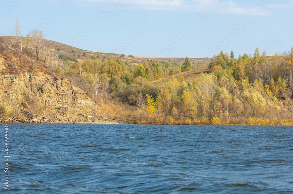 Autumn landscape, Autumn colors of the Kama river, Republic of Tatarstan, Russia.