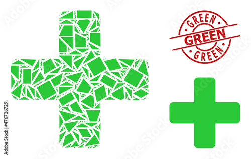 Simple geometric green cross mosaic and Green rubber stamp seal. Red stamp seal includes Green text inside round and lines template. Vector green cross icon collage is combined of chaotic triangles,