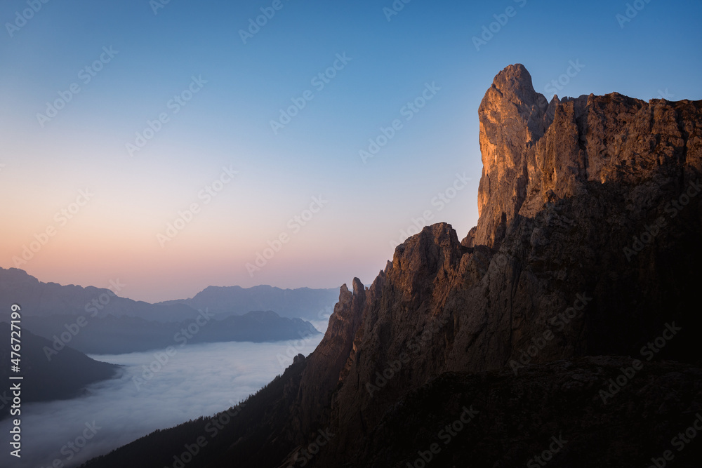 sunrise in the mountains of pale di san martino in the dolomites alps