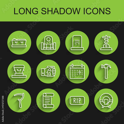 Set line Scythe, Decree, parchment, scroll, Coffin with dead, Speech bubble rip death, Memorial wreath, Death certificate hand, Hammer and Calendar icon. Vector