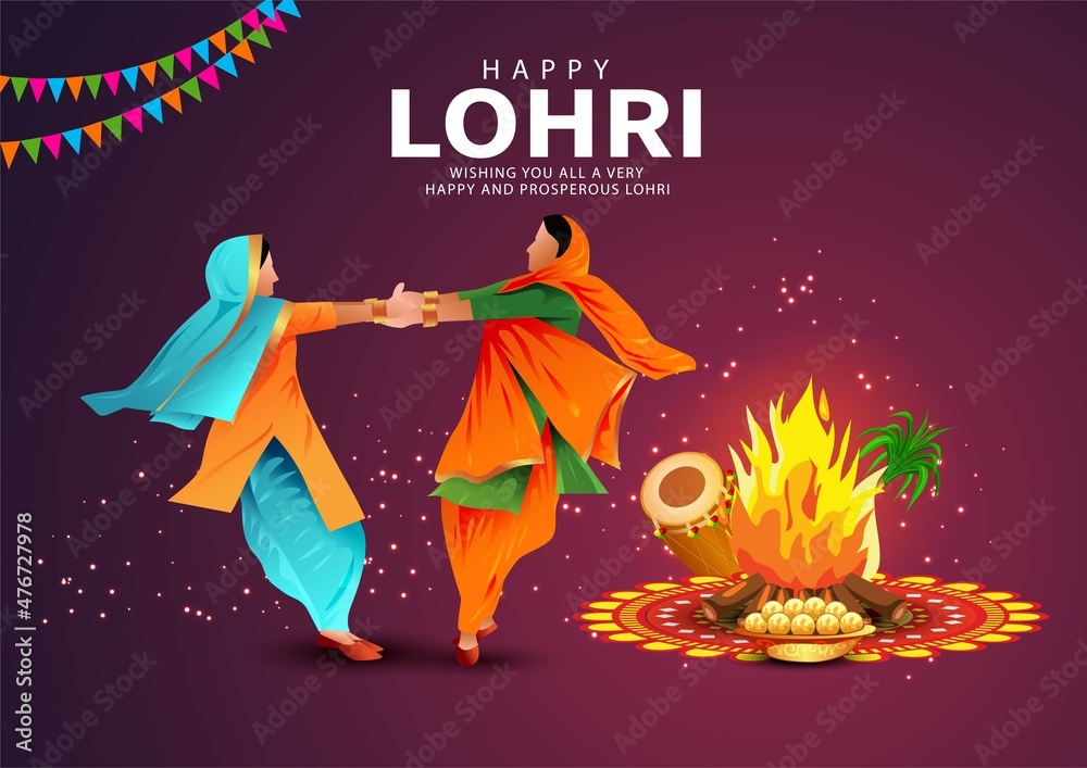 Happy Lohri festival of Punjab Indian harvest background. vector illustration of two girls playing lohri dance. - obrazy, fototapety, plakaty 