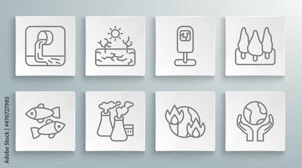 Set line Dead fish, Drought, Smoke from factory, Global warming fire, Hands holding Earth globe, Trash can, Forest and Wastewater icon. Vector Set line Dead fish, Drought, Smoke from factory, Global warming fire, Hands holding Earth globe, Trash can, Forest and Wastewater icon. Vector