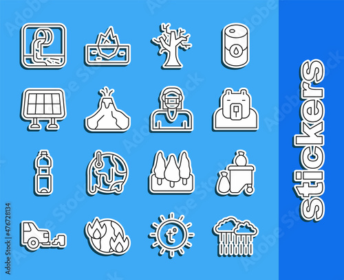 Set line Cloud with rain, Full dustbin, Polar bear head, Withered tree, Volcano eruption lava, Solar energy panel, Wastewater and Face protective mask icon. Vector