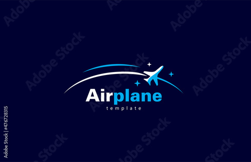 Airplane logo horizon. Icon plane and curved silhouette blue color