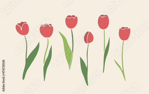 Floral collection with leaves, tulips Happy 8 March. Vector flowers. Spring art print with botanical elements. Festive postcard. Folk style. Spring holiday posters. icons isolated on white background