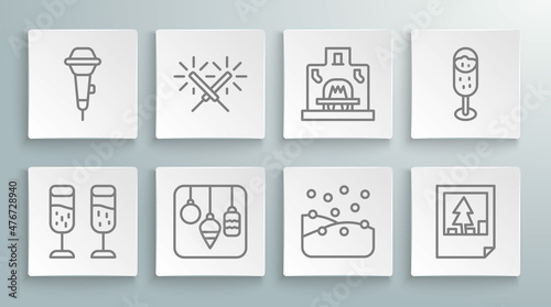 Set line Glass of champagne, Sparkler firework, Christmas lights, Snowfall, postcard, Interior fireplace, and Microphone icon. Vector