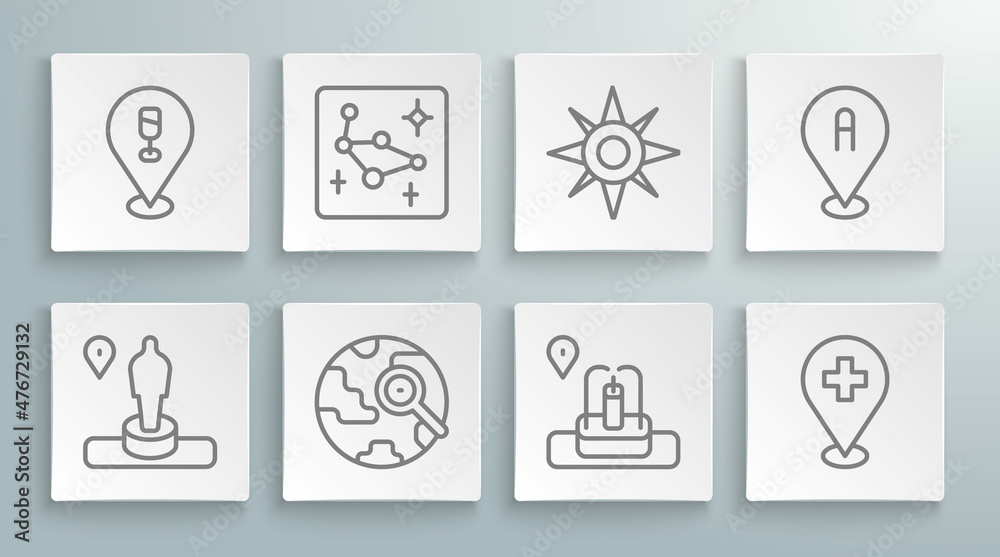 Set line Location and monument, Great Bear constellation, Magnifying glass with globe, fountain, Medical location cross, Wind rose, and Alcohol or beer bar icon. Vector Set line Location and monument, Great Bear constellation, Magnifying glass with globe, fountain, Medical location cross, Wind rose, and Alcohol or beer bar icon. Vector