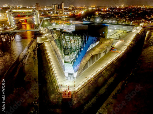 Overhead view of The Deep, Hull, UK at night