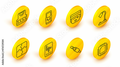 Set line Processor with CPU, Audio jack, Crossword, Piece of puzzle, Table lamp, Waist bag banana, Tetris and Waistcoat icon. Vector