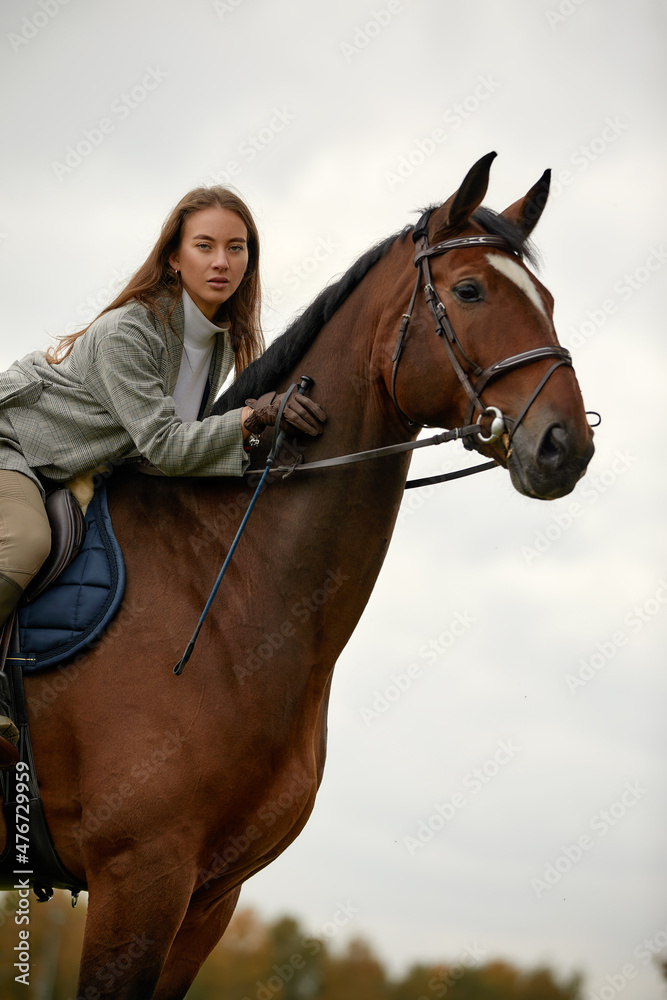 Fototapeta premium Beautiful young woman riding a horse on the field. Sideways to the camera. Freedom, joy, movement