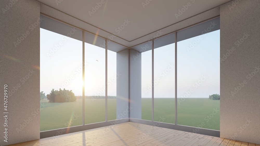Fototapeta premium Interior background window overlooking the garden 3d rendering