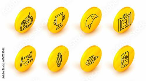Set line Bicycle rental mobile app, pedal, suspension, frame, Hiking backpack, helmet, Award cup with bicycle and parking icon. Vector