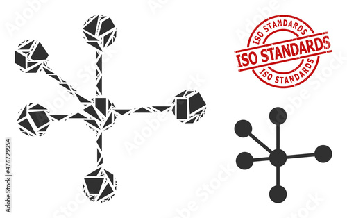 Simple geometric node connections mosaic and ISO STANDARDS unclean stamp seal. Red seal has ISO Standards text inside circle and lines form.
