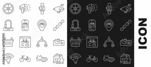 Set line Gloves, Bicycle on street ramp, chain, Smart watch, rental mobile app, lock, wheel and Location with bicycle icon. Vector
